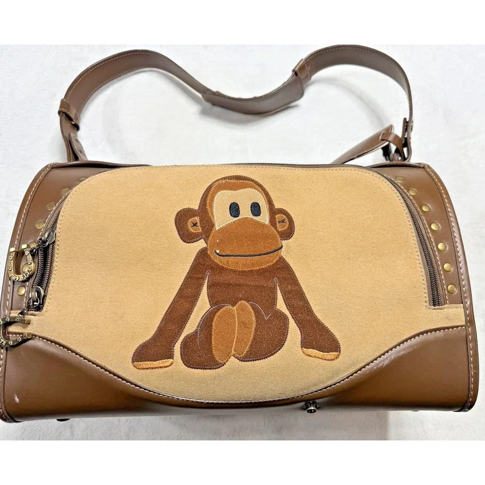 Paul Frank Julius Monkey Pet Carrier Bag Tote Brown Canvas Leopard Print Liner